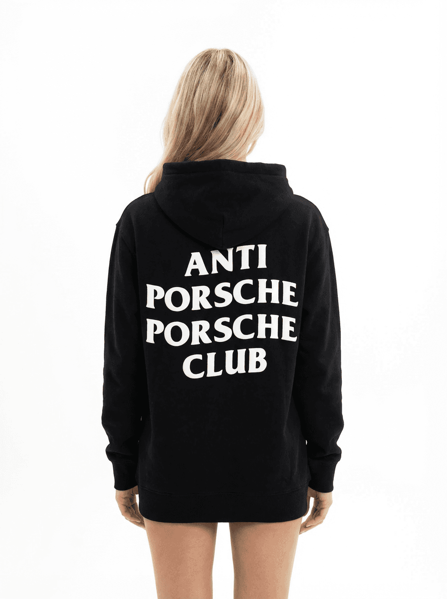 Female model wearing Anti Porsche hoodie back view