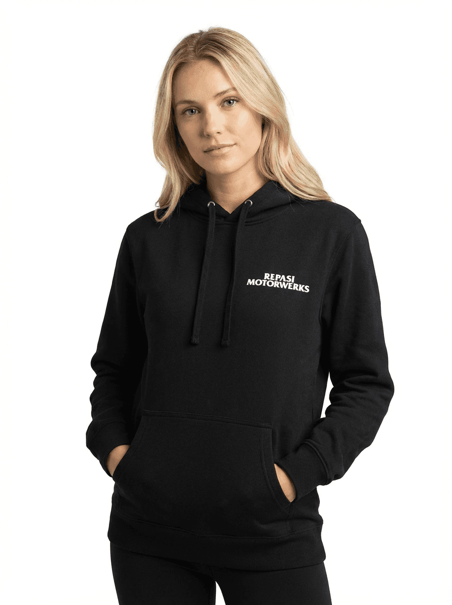 Female model wearing Anti Porsche hoodie front view