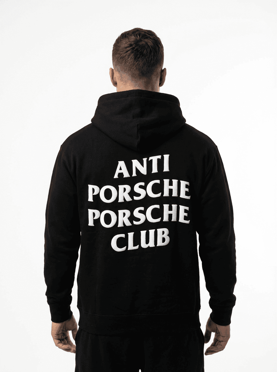 Male model wearing Anti Porsche hoodie back view