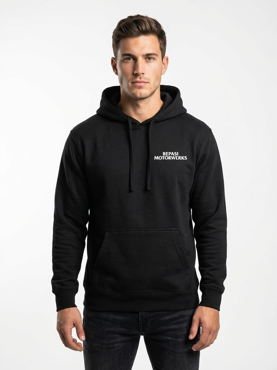 Male model wearing Anti Porsche hoodie front view