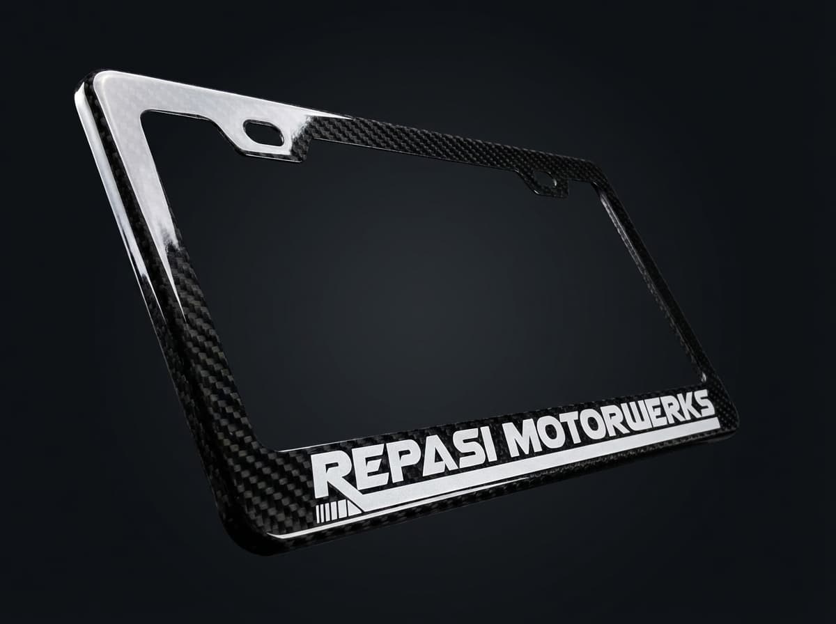 Carbon fiber license plate frame angled view
