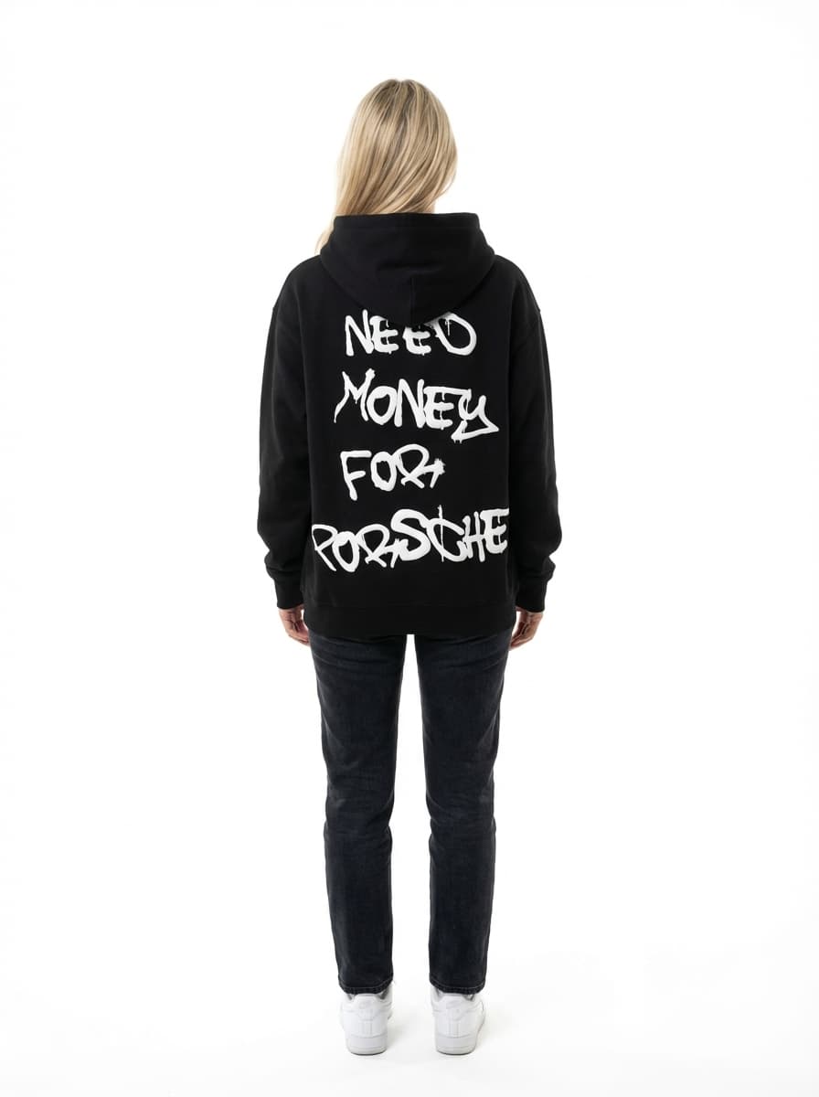 Female model wearing Money For Porsche hoodie back view
