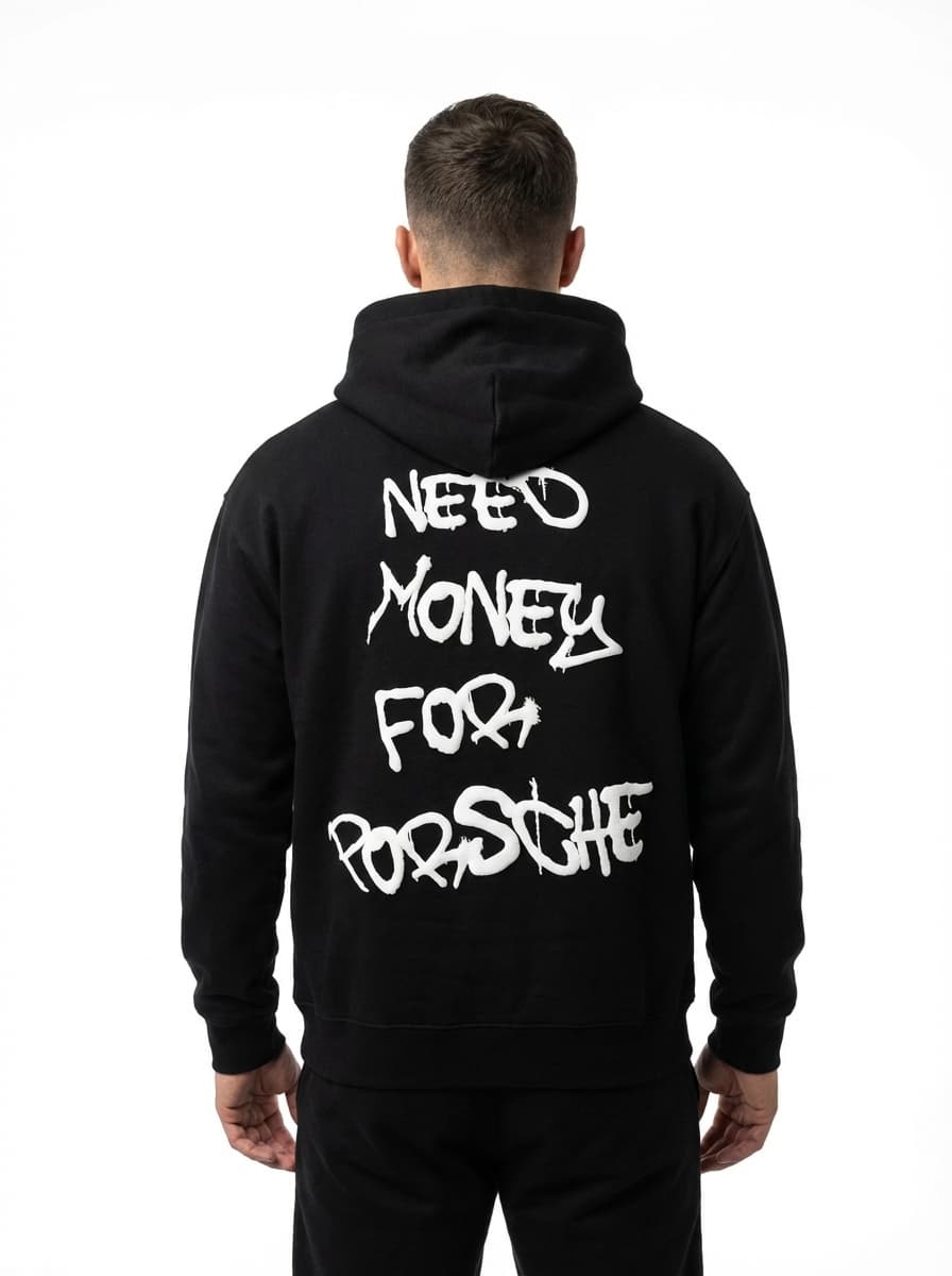 Male model wearing Money For Porsche hoodie back view