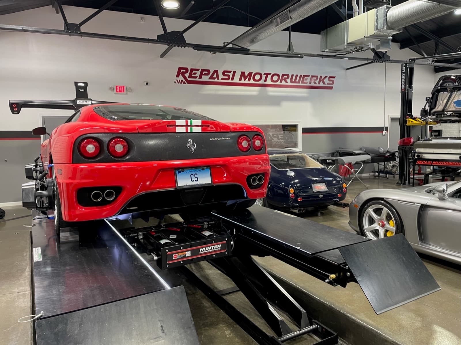 Ferrari 360 Challenge Stradale on alignment rack at Repasi Motorwerks