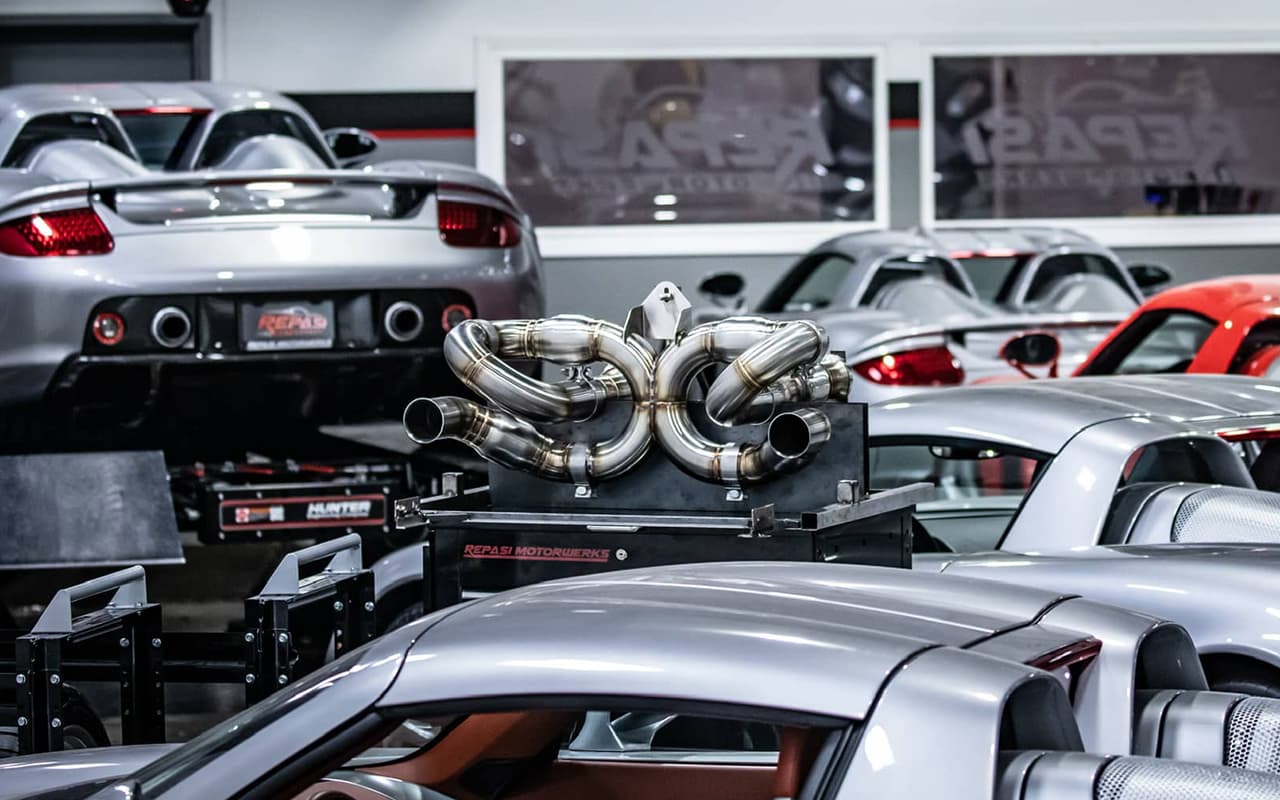 Carrera GT being upgraded with custom exhaust and brakes at Repasi Motorwerks
